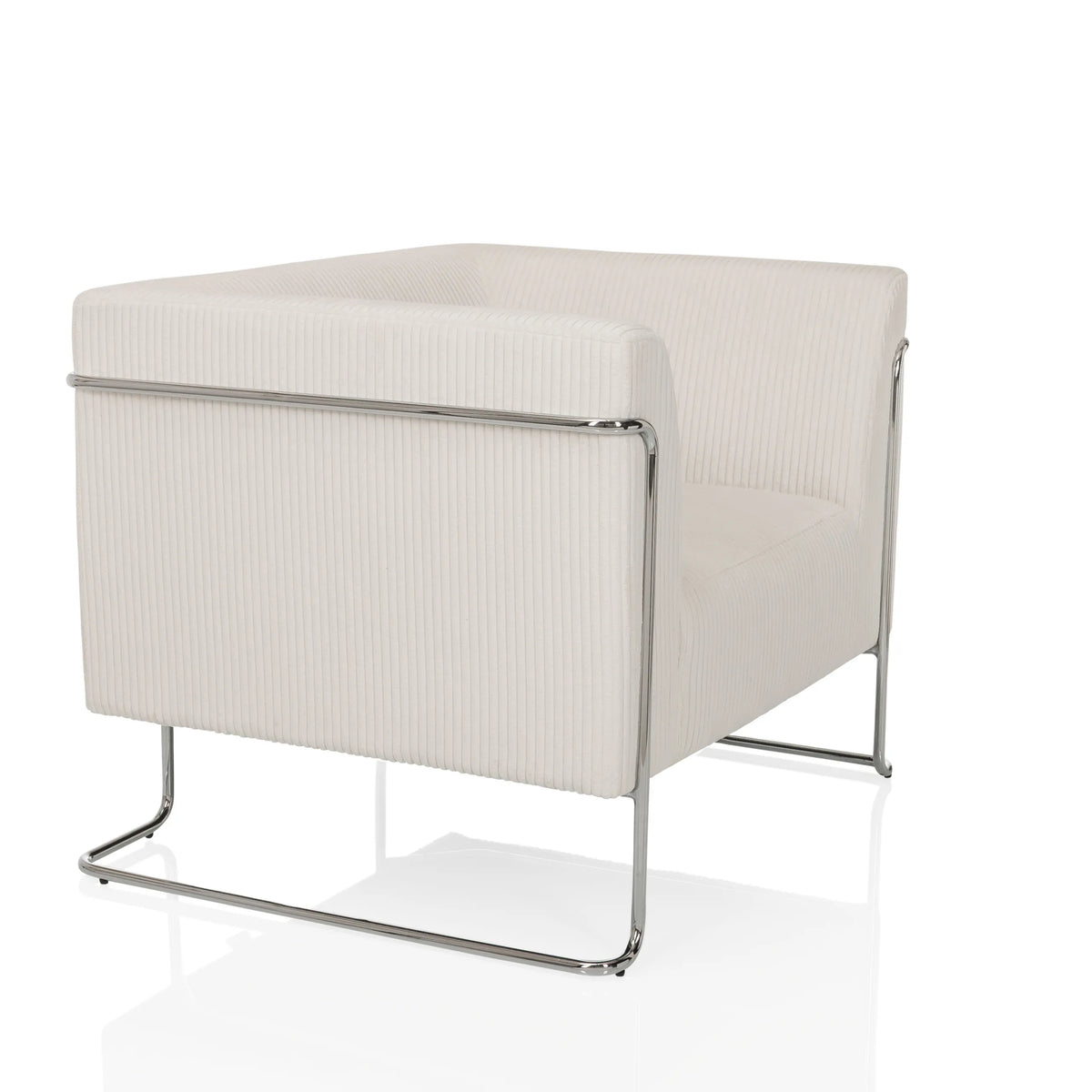 Witte lounge stoel Curacao Cord met geribbelde bekleding en verchroomd frame van hjh LIVING – 360-gradenweergave (schuin vooraanzicht 60°)