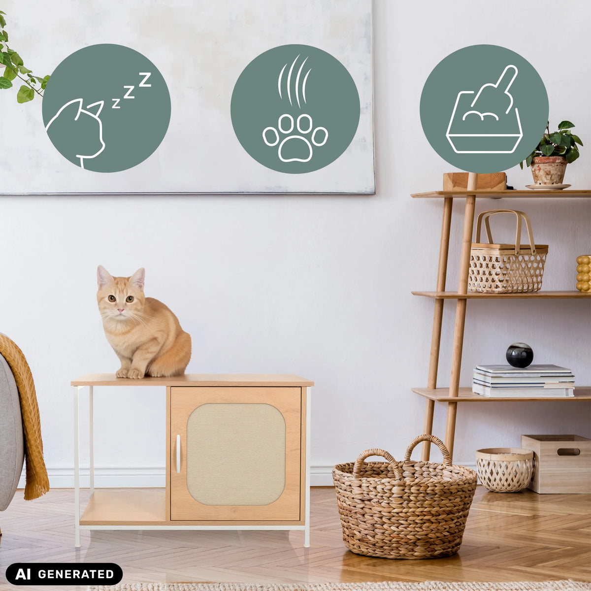 Kattenhuis KITTYHOME 1 in wit en beuken met een kat die erop zit van hjh LIVING (AI-gegenereerde afbeelding)