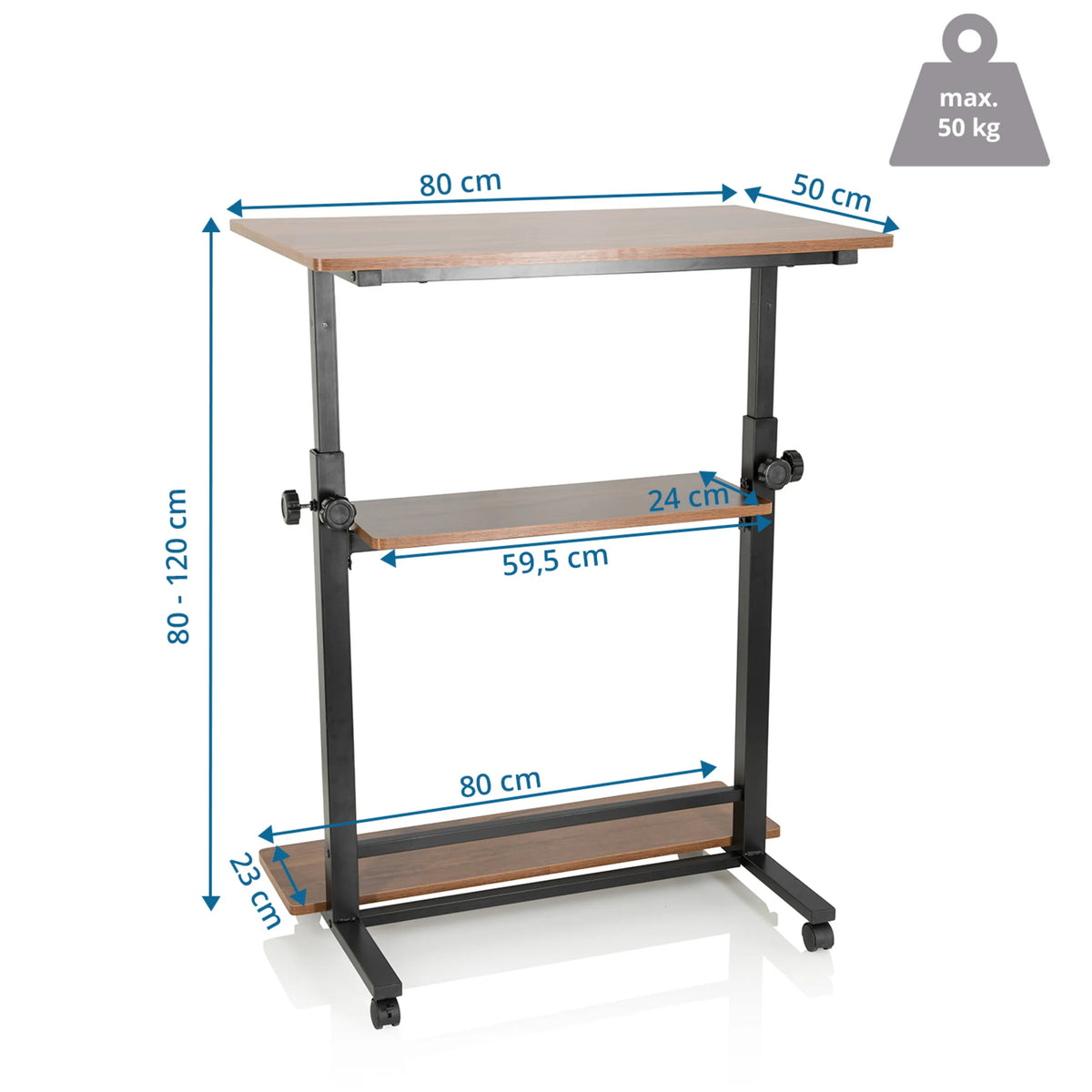 Maattekening van het Zit- Sta bureau WORKSTATION II met 80 × 50 cm en een hoogte van 80 tot 120 cm van hjh OFFICE