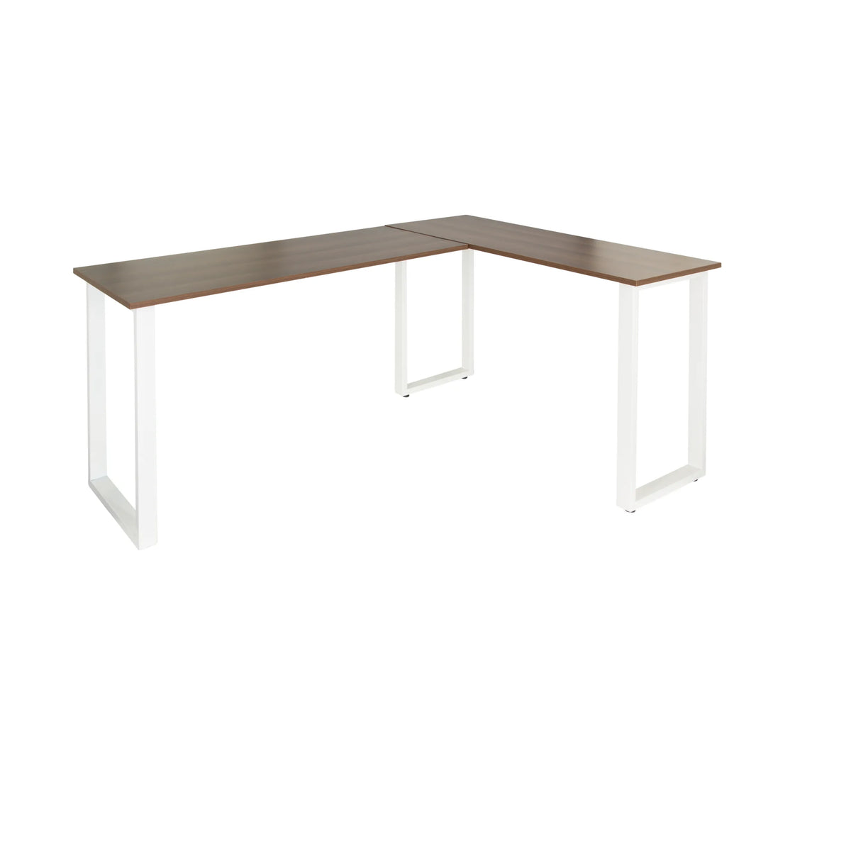 Hoekbureau WORKSPACE BASIC I in walnootlook met witte U-poten van hjh OFFICE – 360-gradenweergave (vooraanzicht 0°)