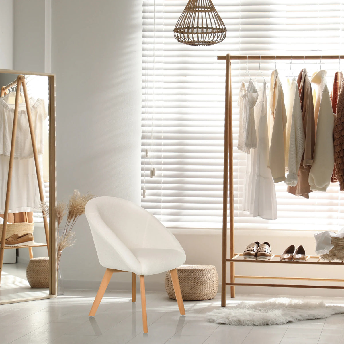 Witte gestoffeerde stoel SCANDI TED met lichte houten poten in een lichte kamer van hjh LIVING