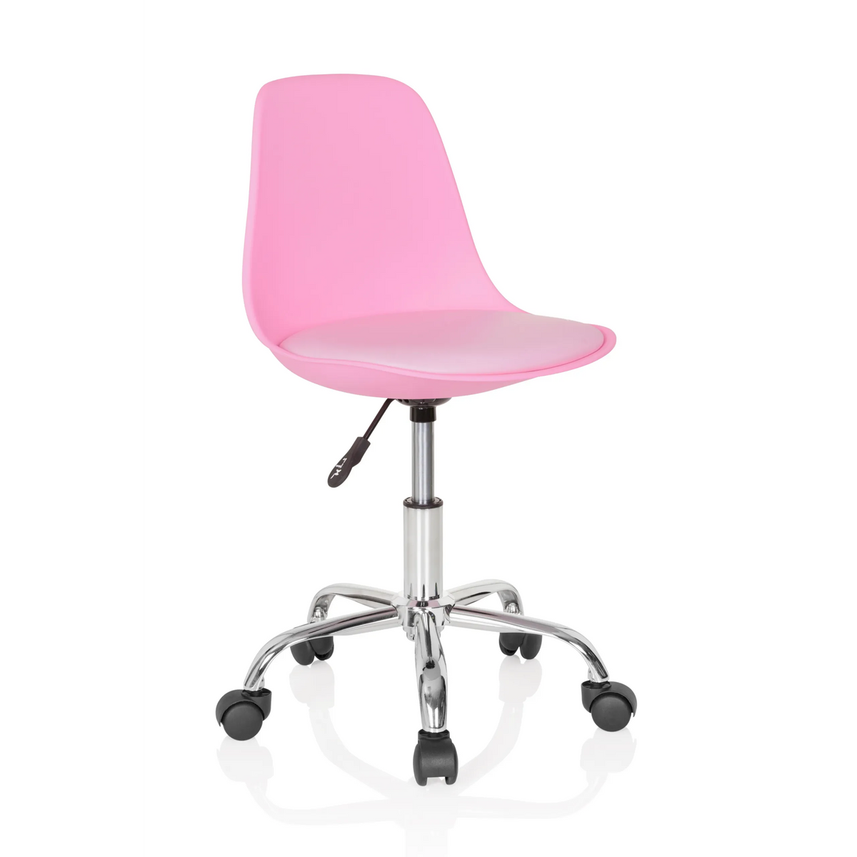 Roze Kinder bureaustoel FANCY II met gebogen kuip en vijfster-onderstel met wieltjes van hjh OFFICE – 360-gradenweergave (schuin vooraanzicht 40°)
