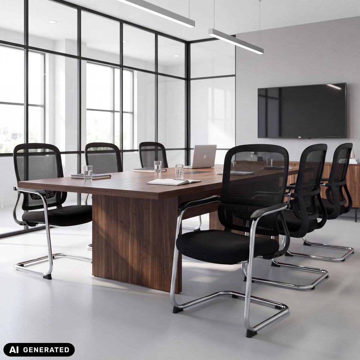 Zwarte Ergomy Meet vergaderstoelen aan een conferentietafel van hjh OFFICE (AI-gegenereerde afbeelding)