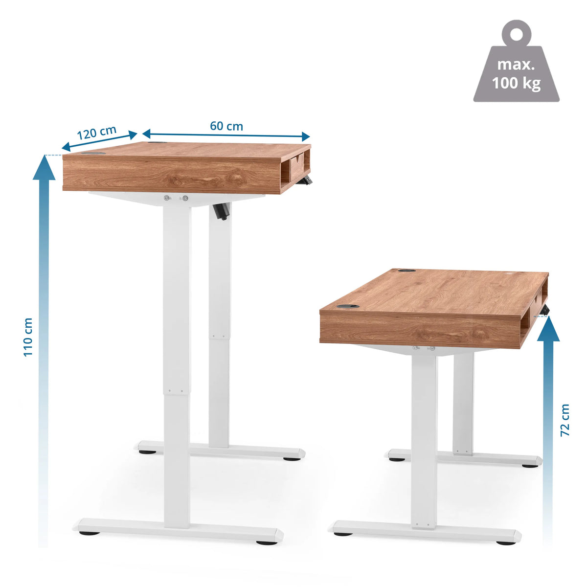 Maattekening van het elektrisch in hoogte verstelbaar bureau Worktime Style van 120 × 60 cm van hjh OFFICE