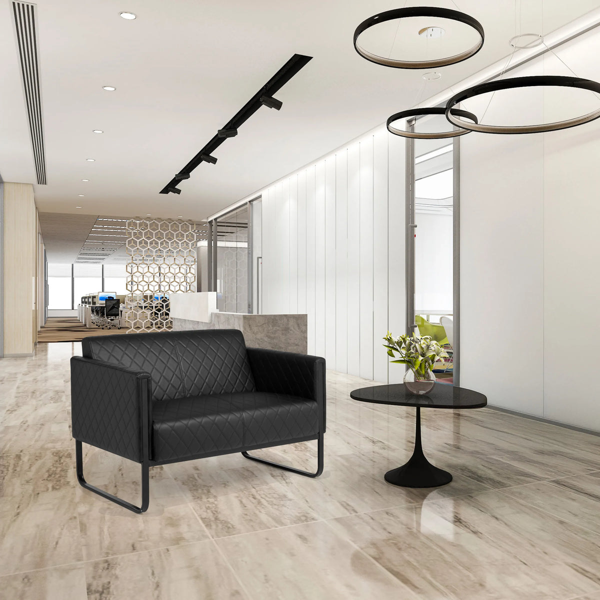 Zwarte 2-zits lounge bank ARUBA BLACK met ruitstiksel en metalen frame van hjh OFFICE