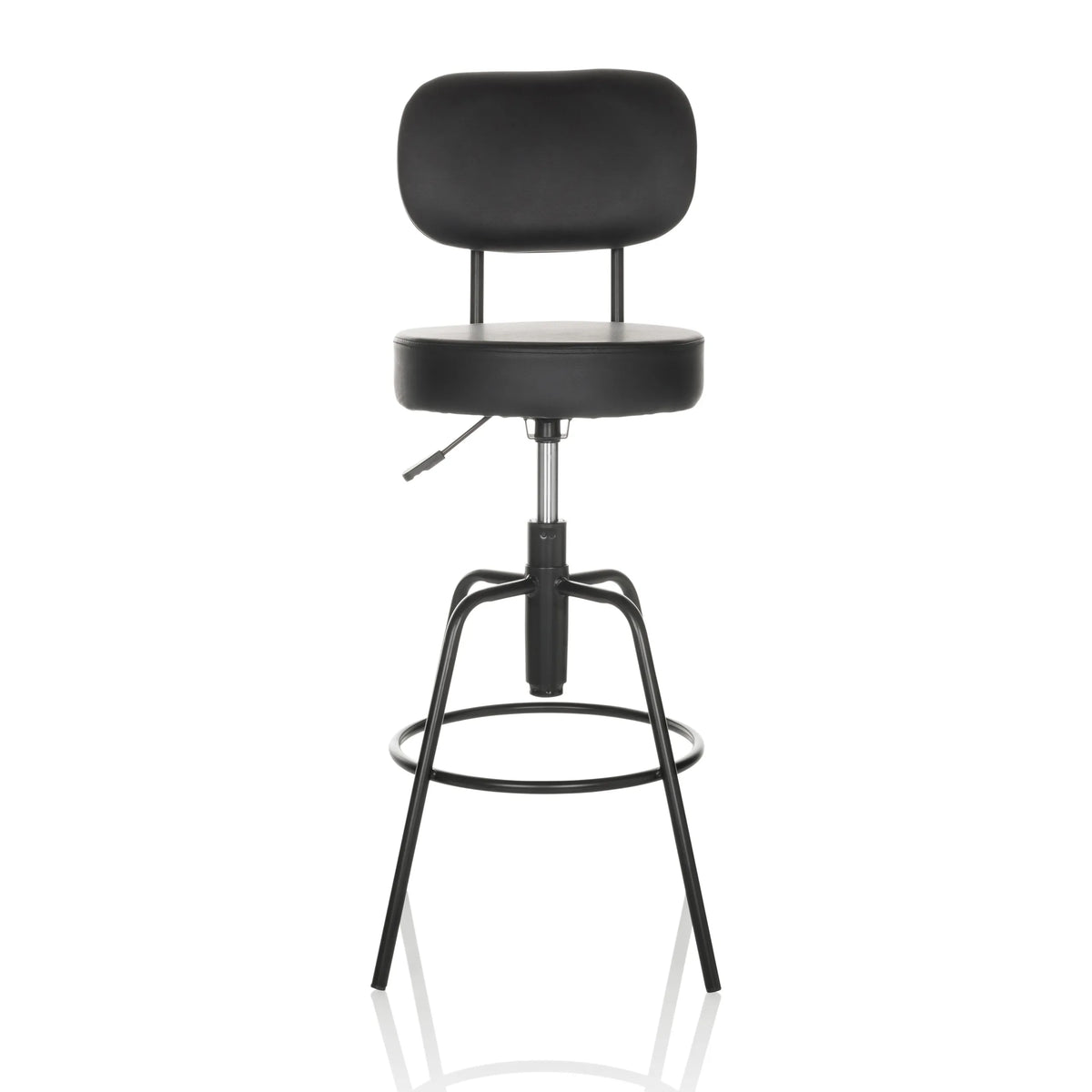 Zwarte Barkruk DISC HIGH met rugleuning en ronde voetring van hjh OFFICE – 360-gradenweergave (vooraanzicht 0°)
