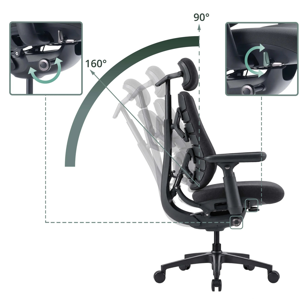 Verstelbare rugleuning van de LiberNovo Maxis Airflow bureaustoel met een hellingshoek van 90° tot 160° van Libernovo
