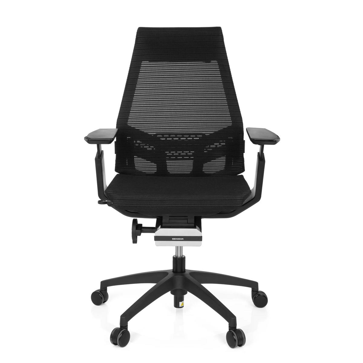 Zwarte Professionele bureaustoel GENIDIA SMART BLACK met netrugleuning en vijfpoot met wieltjes van hjh OFFICE – 360-gradenweergave (vooraanzicht 0°)
