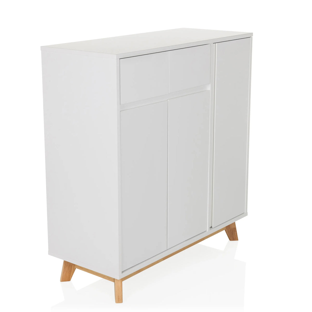 Witte commode ESTHA met twee laden, drie deuren en lichte houten poten van hjh LIVING – 360-gradenweergave (schuin vooraanzicht 45°)