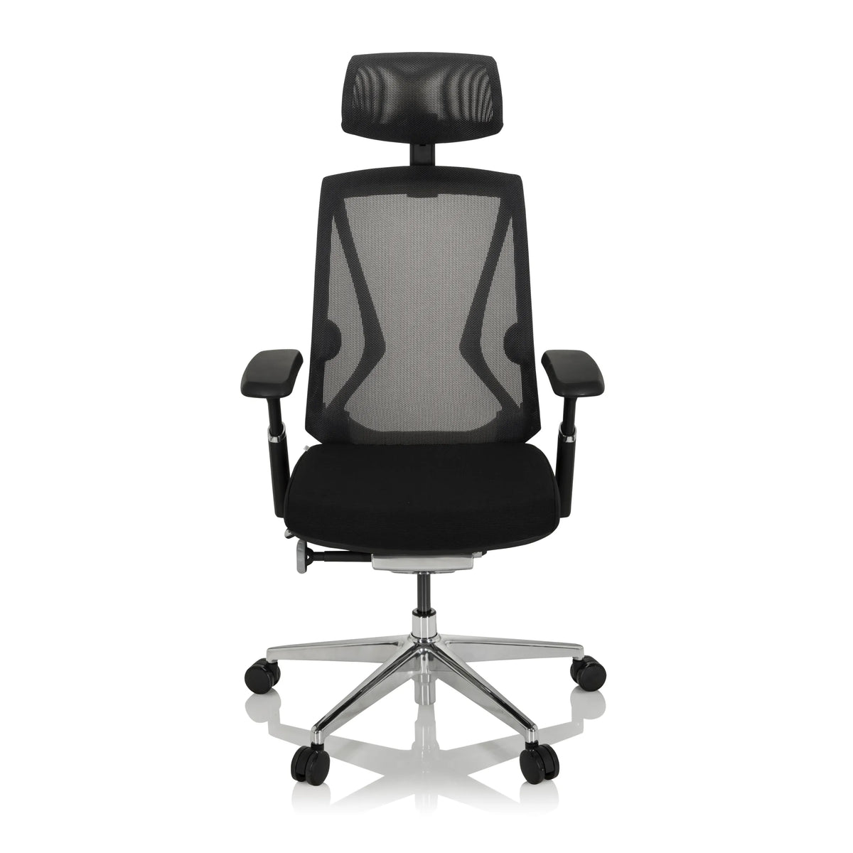 Zwarte High end bureaustoel INSPERO met netrug, hoofdsteun en vijfpoot met wieltjes van hjh OFFICE – 360-gradenweergave (vooraanzicht 0°)