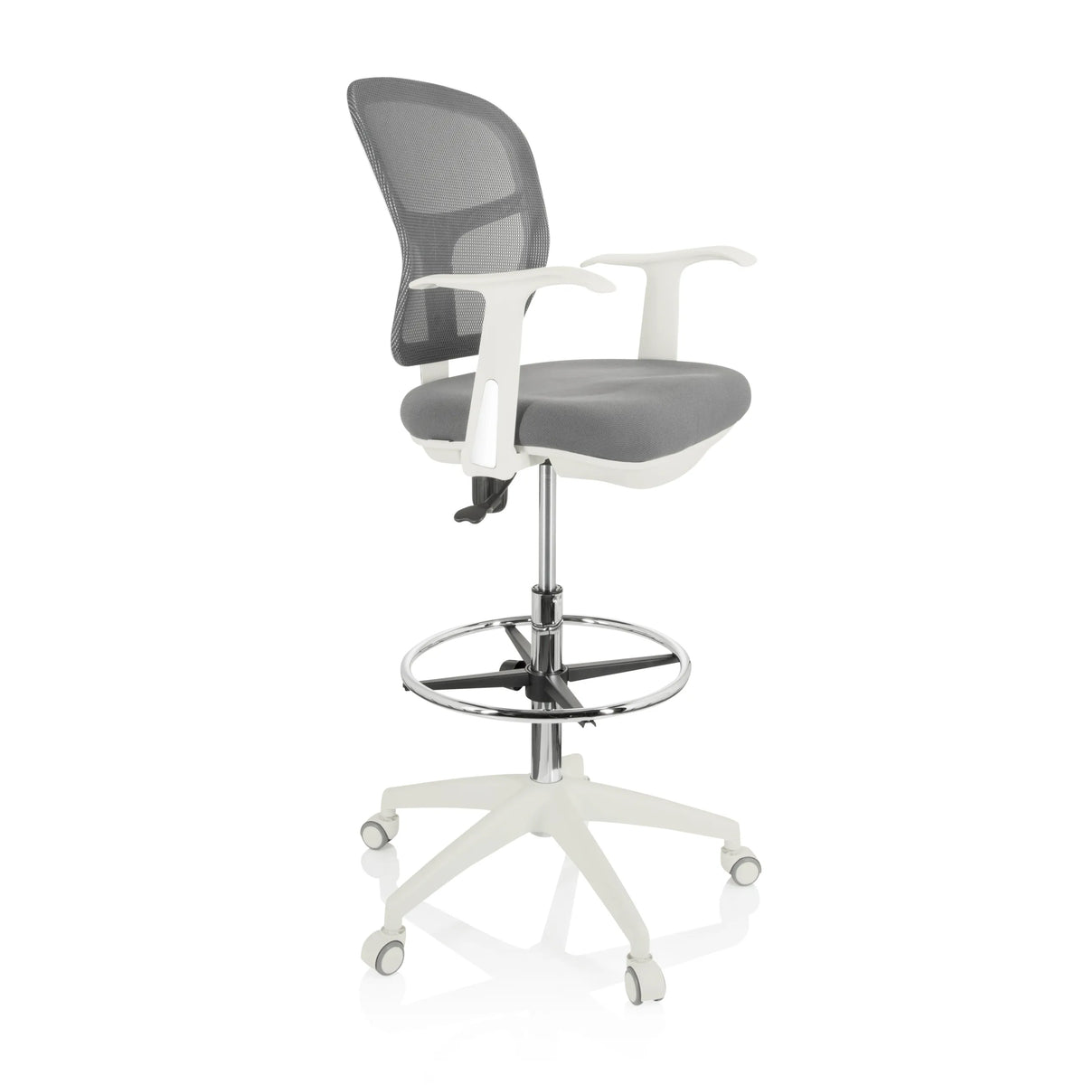 Grijze Baliestoel TOP WORK 108 W met netrug, voetring en wit vijfsterrenonderstel met zwenkwielen van hjh OFFICE – 360-gradenweergave (schuin vooraanzicht 60°)
