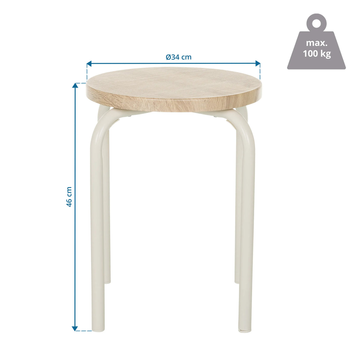 Maatafbeelding van de kruk ALRANDA met een diameter van 34 cm en een hoogte van 46 cm van hjh LIVING