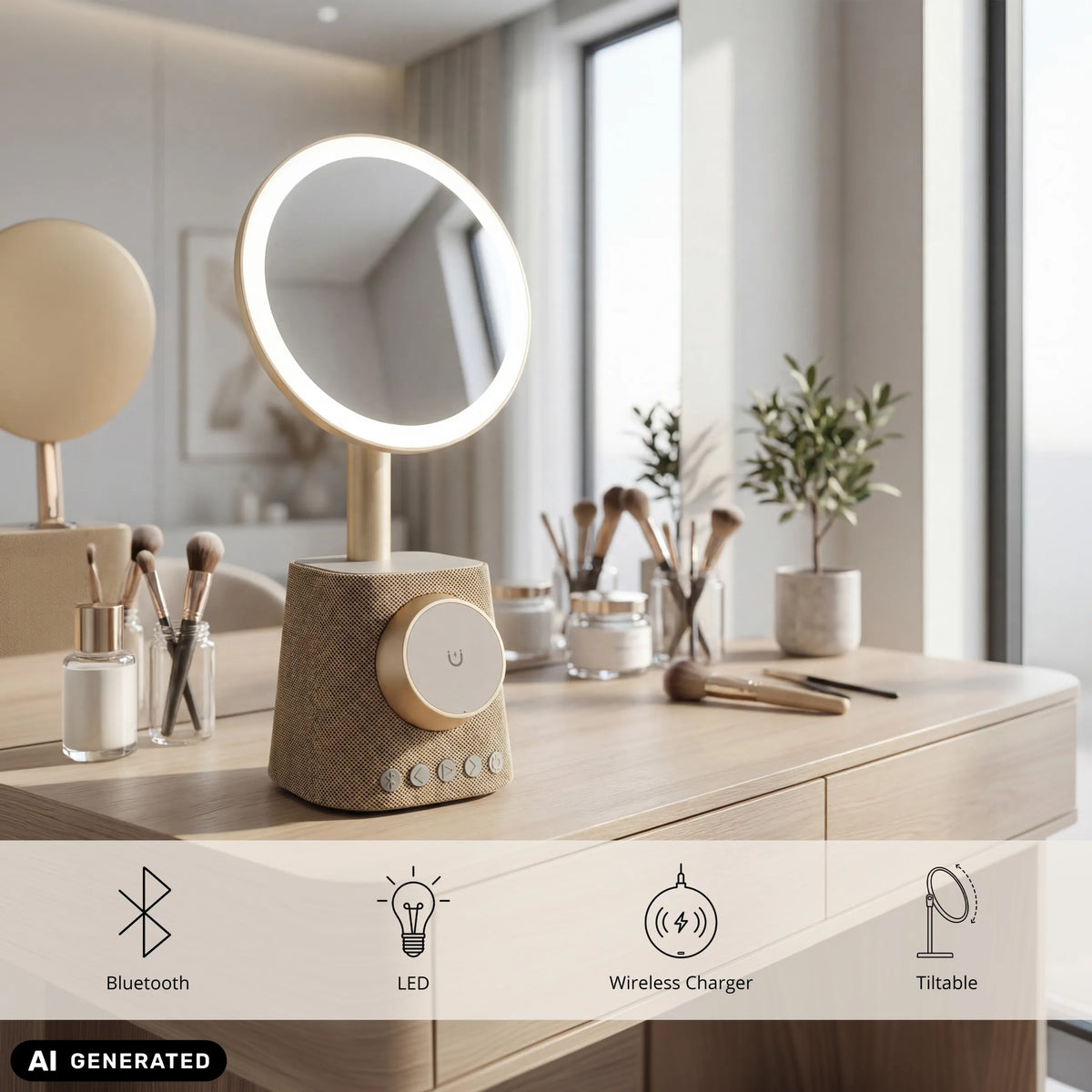 Goudkleurige Glamlody make-up spiegel met LED-verlichting en draadloze lader van hjh OFFICE (AI-gegenereerde afbeelding)
