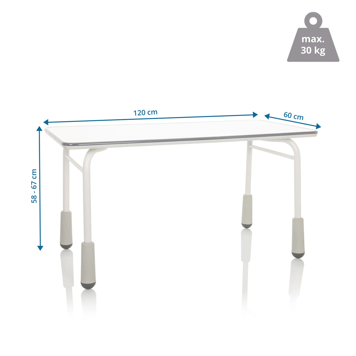 Maattekening van het Kinder bureau KID GRO T met 120 x 60 cm en een draagvermogen van 30 kg van hjh OFFICE