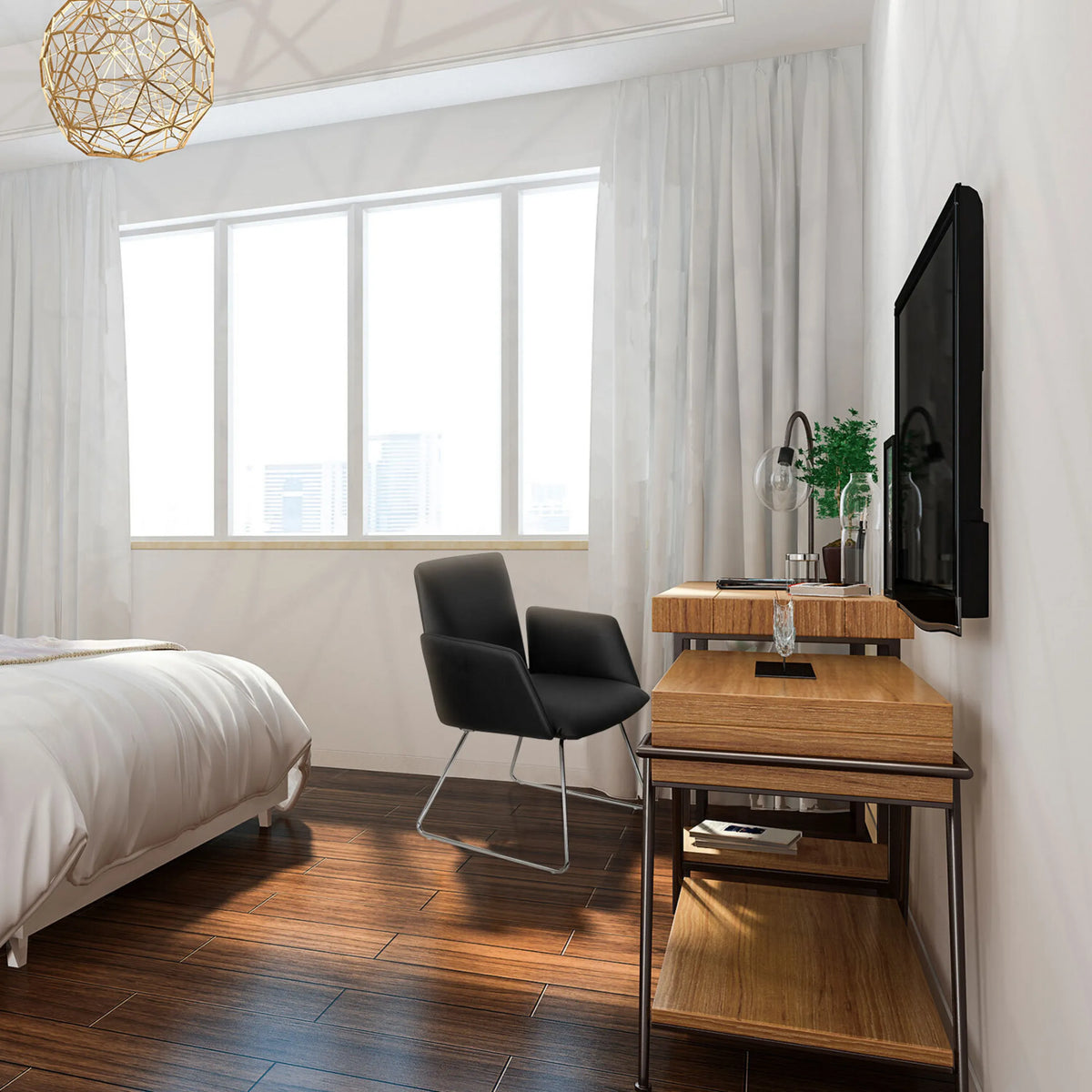 Zwarte gestoffeerde stoel DESIGNIA V met slanke metalen poten in een lichte kamer van hjh OFFICE