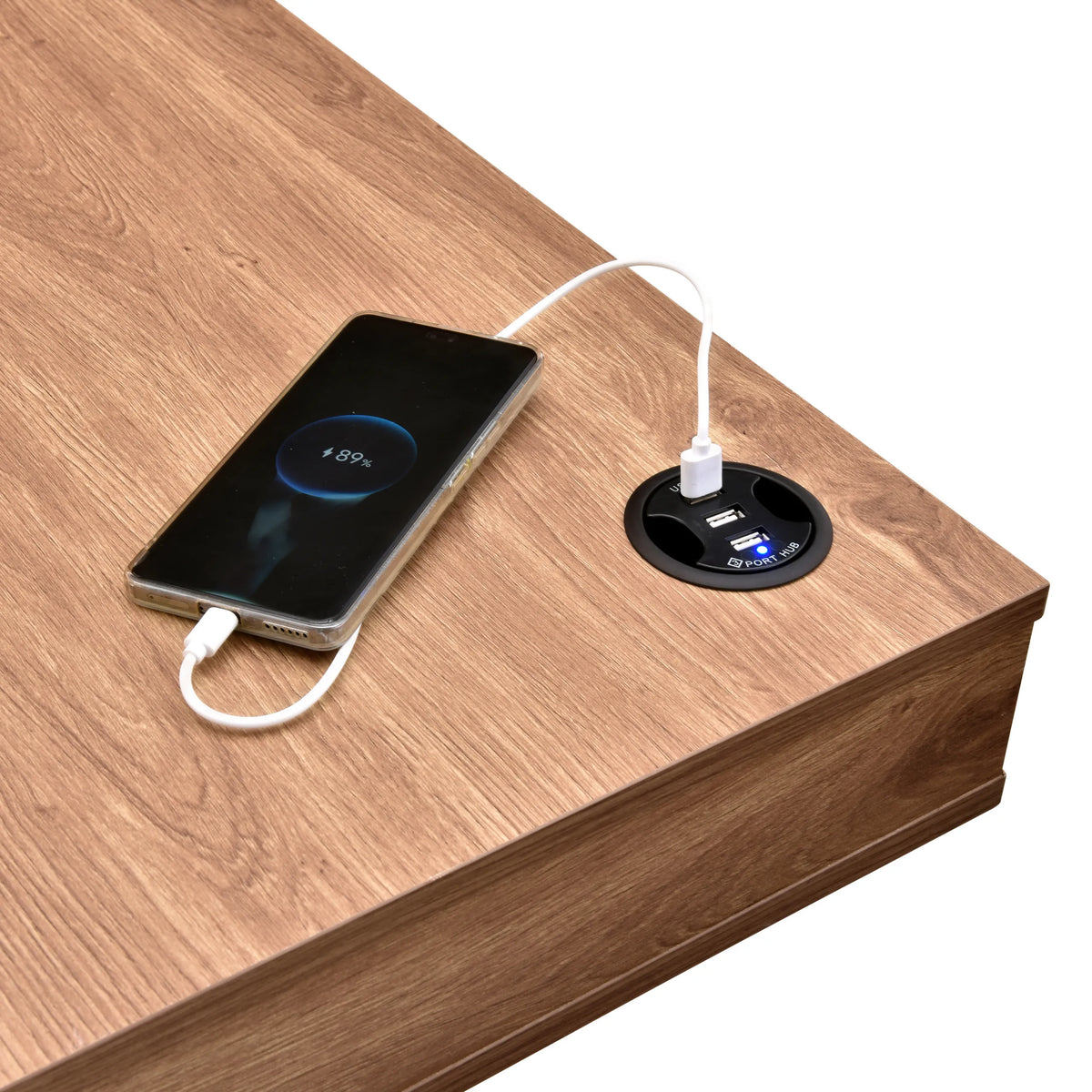 Ingebouwd stopcontact met USB-aansluiting in het Worktime Style bureau in eiken van hjh OFFICE