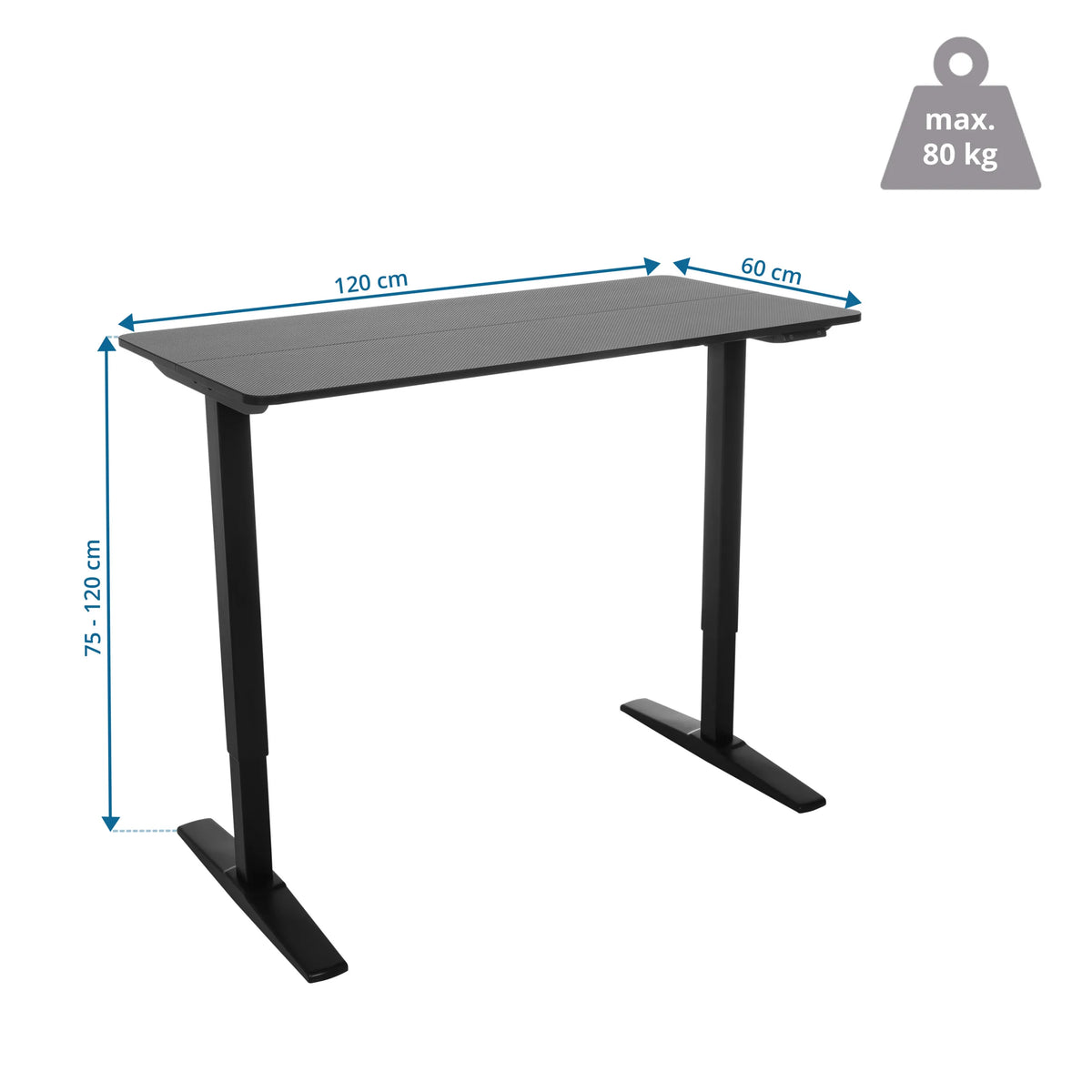 Maattekening van het Elektrisch in hoogte verstelbaar bureau STAND CARBON van 120 × 60 cm van hjh OFFICE