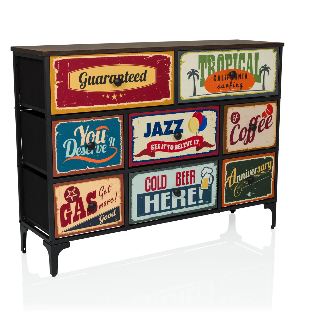 Commode AMERIKO B met zes kleurrijk bedrukte vintage lades en zwarte poten van hjh LIVING – 360-gradenweergave (schuin vooraanzicht 30°)