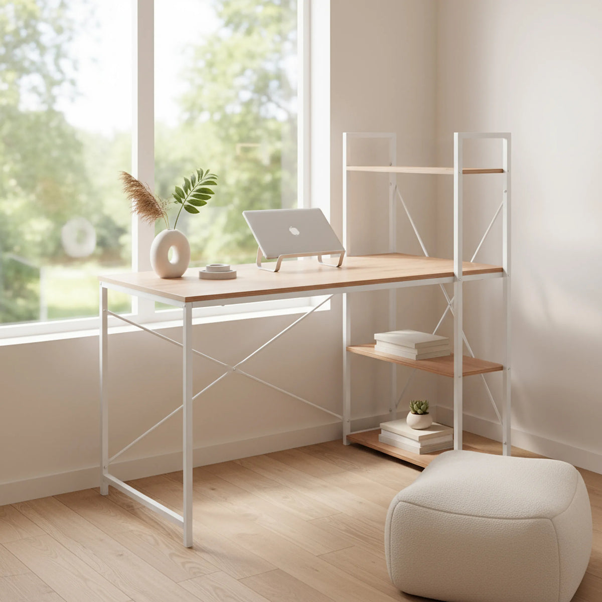 Bureau Easy Up3 in wit en eiken met geïntegreerd rek en wit metalen onderstel van hjh LIVING