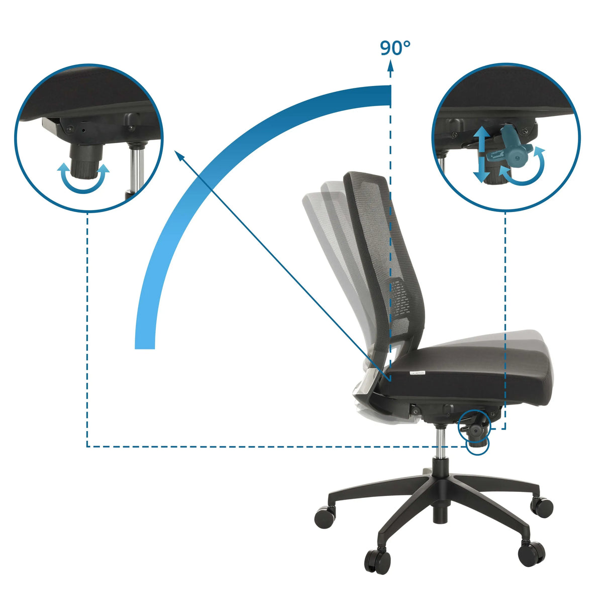 Verstelbare rugleuning van de Professionele bureaustoel PORTO ECO I met een kantelhoek van 90 graden van hjh OFFICE