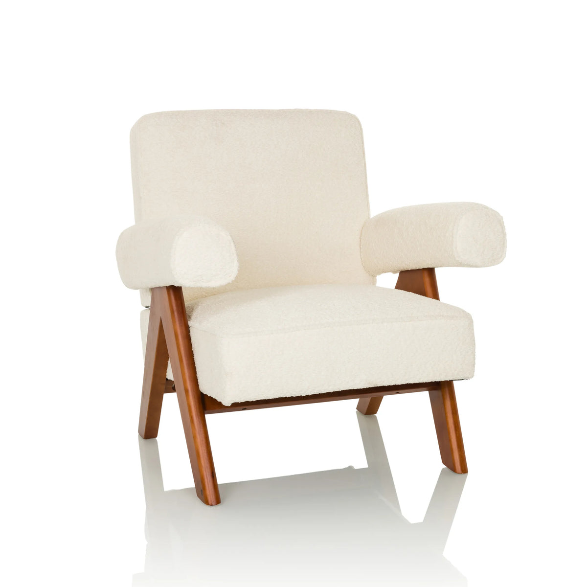 Witte loungestoel POOLY met gestructureerde bekleding en donkere houten poten van hjh LIVING – 360-gradenweergave (vooraanzicht 15°)