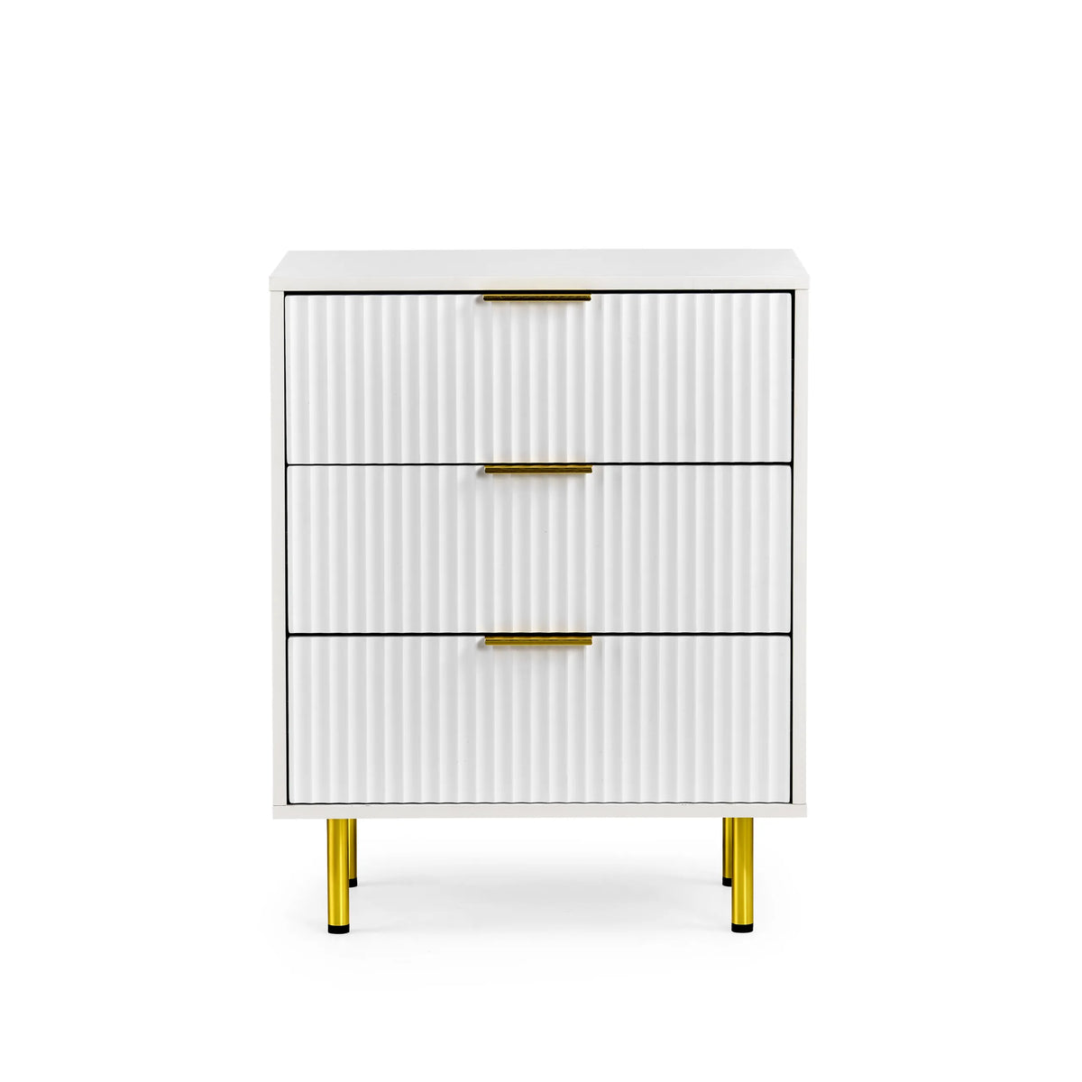 Witte commode Hjelle K met drie geribbelde laden, gouden handgrepen en vier goudkleurige poten van hjh LIVING – 360-gradenweergave (vooraanzicht 0°)