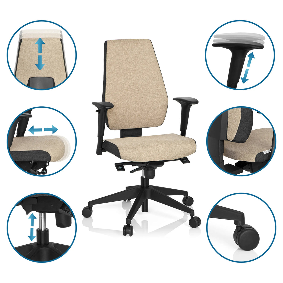 Verstelbare functies van de Professionele bureaustoel PRO-TEC 500 in beige met zwenkwielen en gasveer van hjh OFFICE