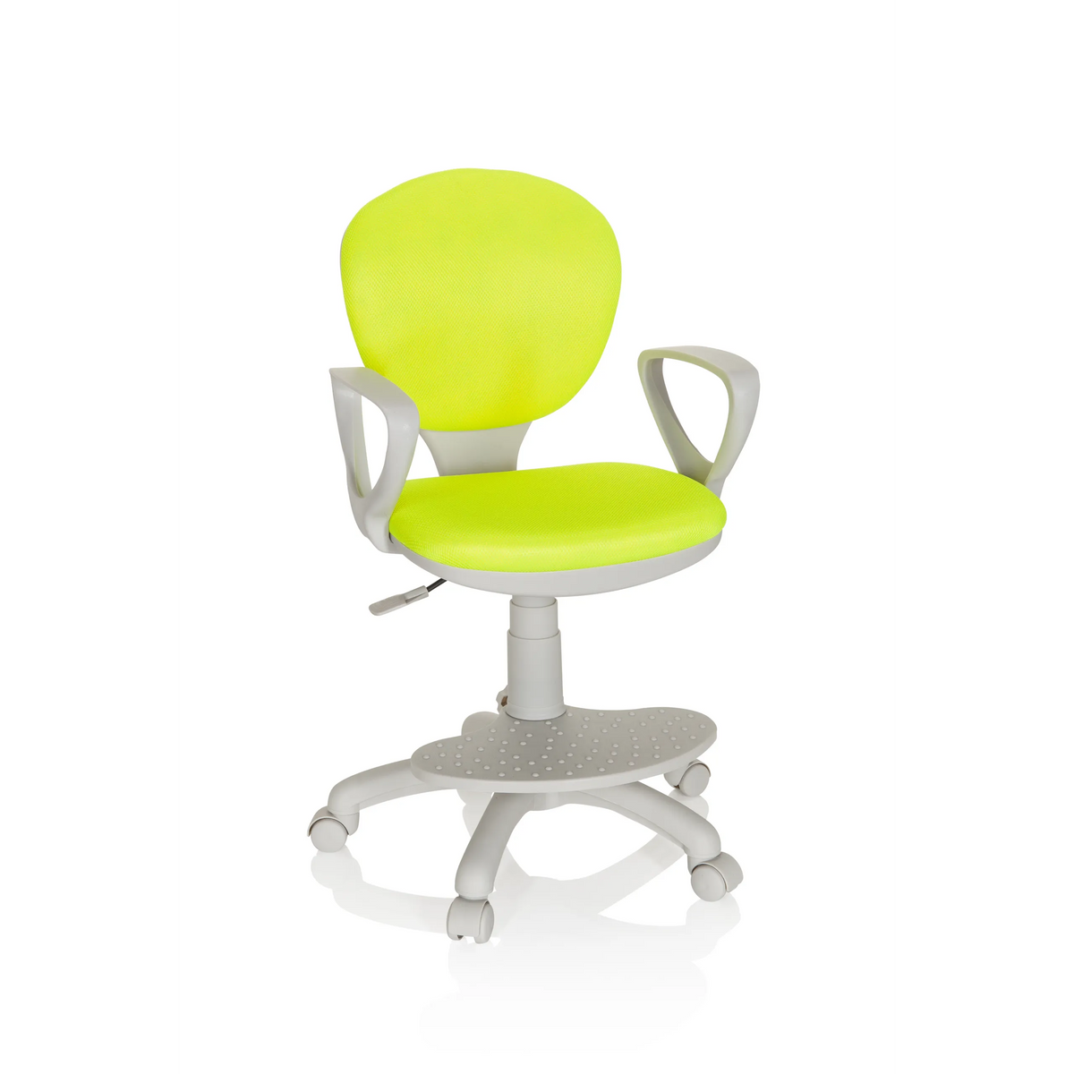Groene Kinder bureaustoel KID COLOUR G1 met grijze armleuningen en vijfpoot-onderstel met wieltjes van hjh OFFICE – 360-gradenweergave (vooraanzicht 20°)
