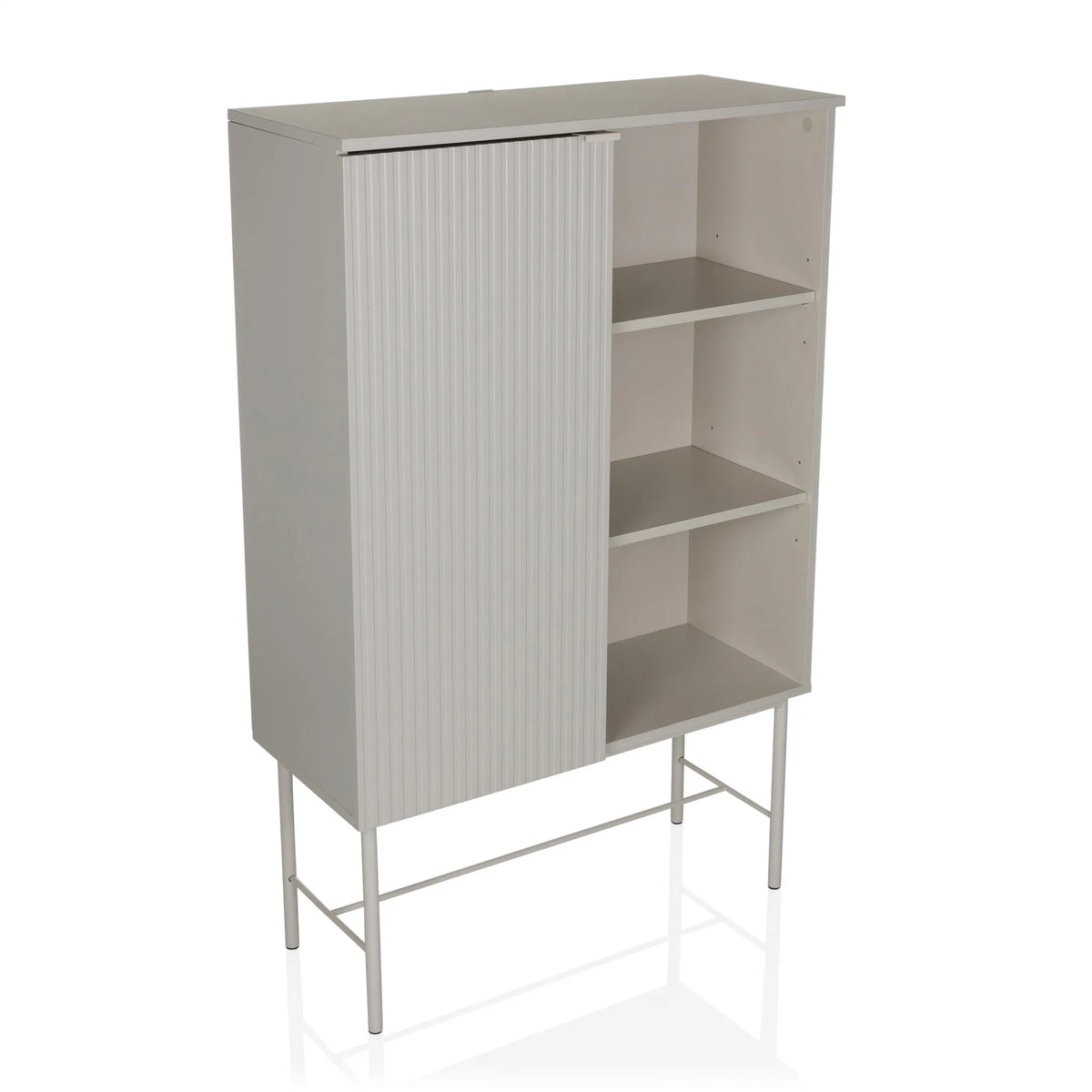 Grijze Plank SIO met een geribbeld deurvak, twee open planken en frame van hjh LIVING – 360-gradenweergave (schuin vooraanzicht 30°)