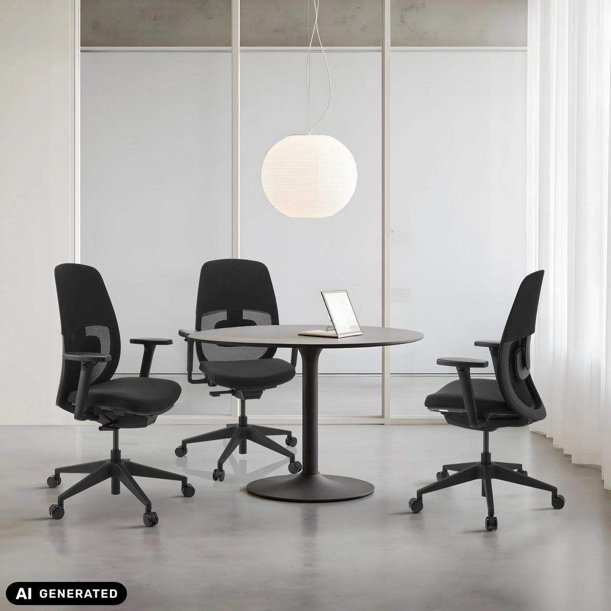 Drie professionele bureaustoelen Skandis in het zwart aan een ronde tafel van hjh OFFICE (AI-gegenereerde afbeelding)