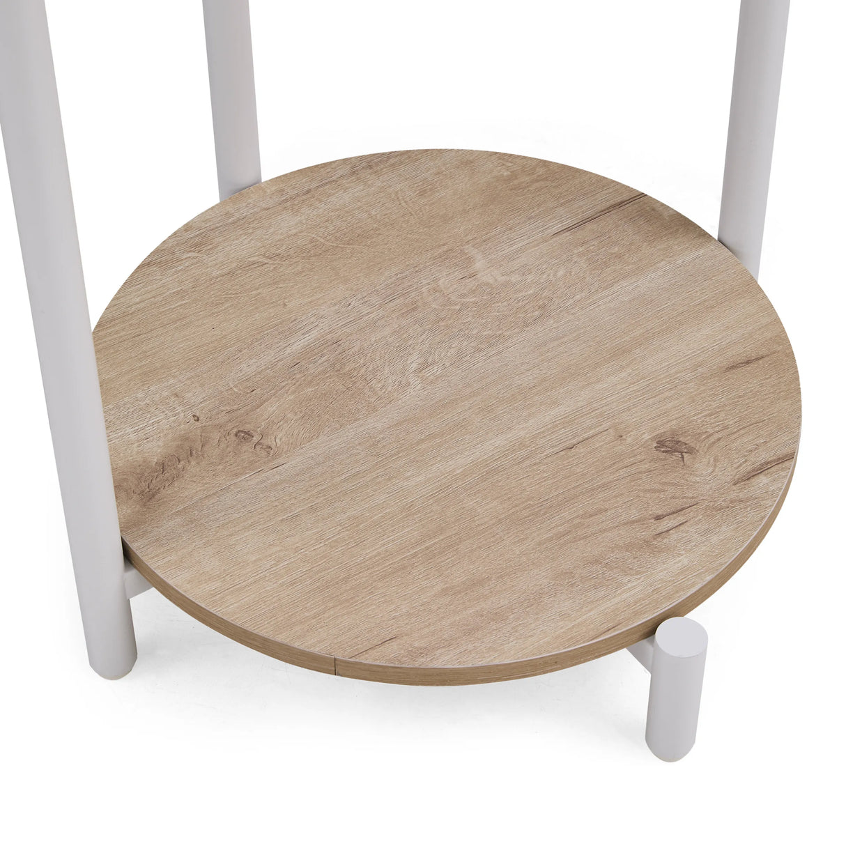 Rond aflegblad in eikenlook van de Nestup 1 bijzettafel met witte poten van hjh LIVING