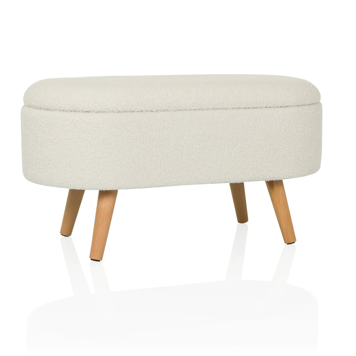 Witte zitbank STORIANO met gestructureerde stofbekleding en vier houten poten van hjh LIVING – 360-gradenweergave (vooraanzicht 15°)