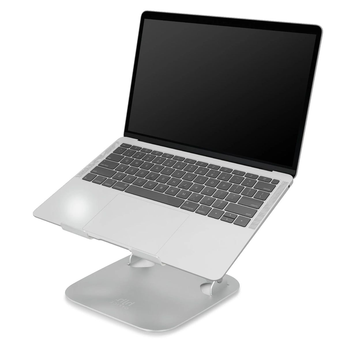 Zilveren laptoponderzetter LAPTOP STAND met een laptop in schuine positie erop geplaatst van hjh OFFICE