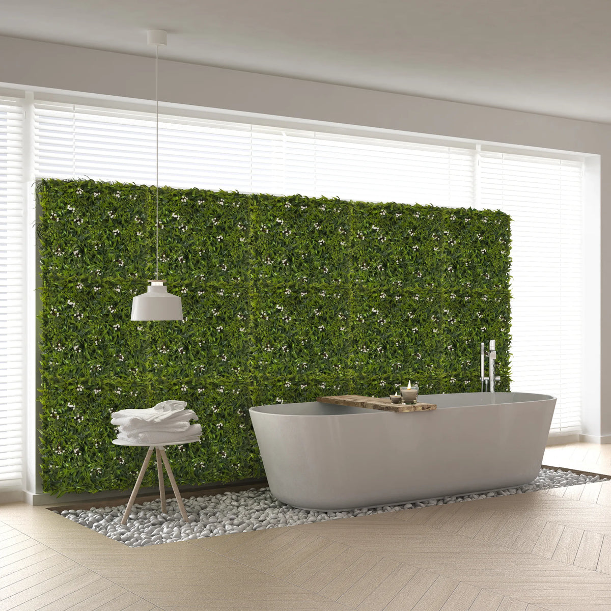 Groene plantmat MORE GREEN I als verticale wandbegroening in een badkamer van hjh OFFICE