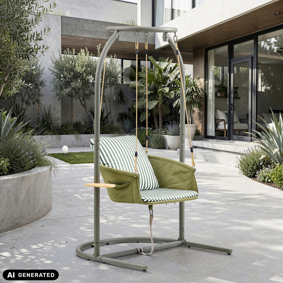 Skylo hangstoel in groen en beige met gestreepte bekleding en metalen frame van hjh LIVING (AI-gegenereerde afbeelding)