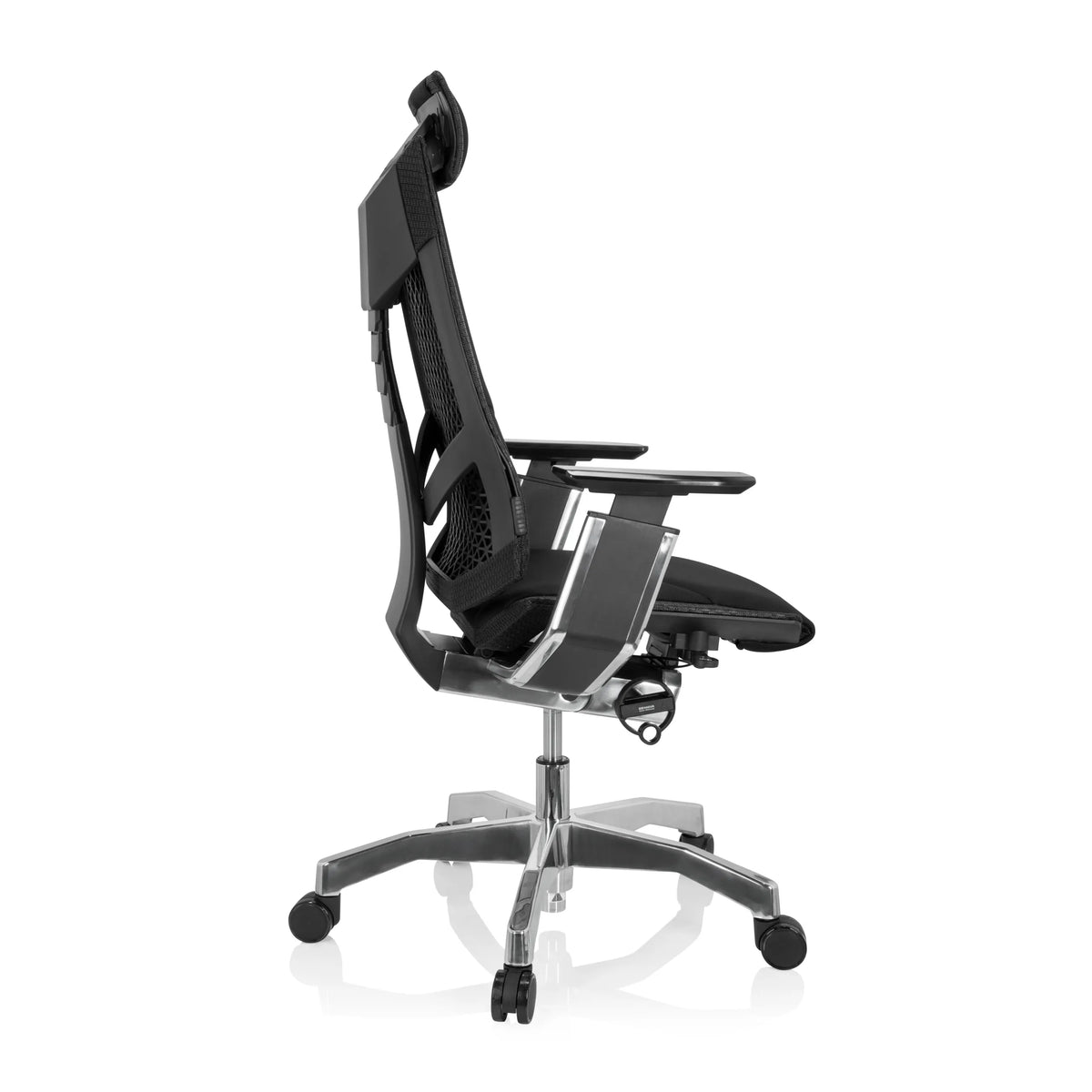Zwarte High end bureaustoel GENIDIA PRO met stoffen bekleding en vijfpoot met wieltjes van hjh OFFICE – 360-gradenweergave (zijaanzicht 100°)