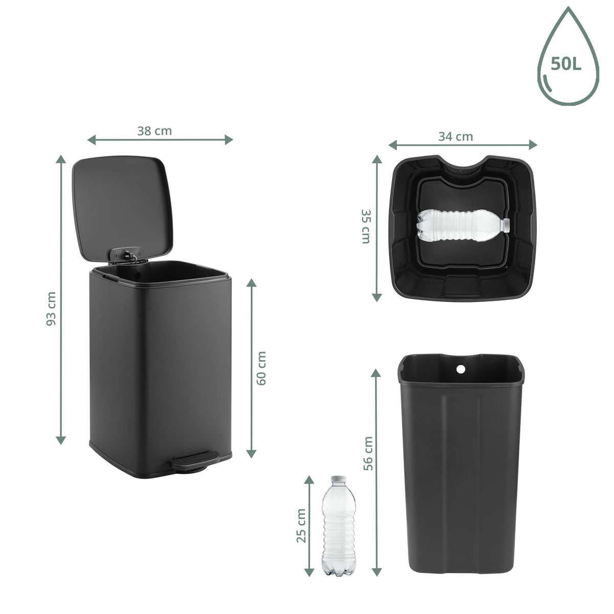 Maßzeichnung des Mülleimers Clean Step 3 mit 50 l Fassungsvermögen und einer Höhe von 93 cm von hjh OFFICE