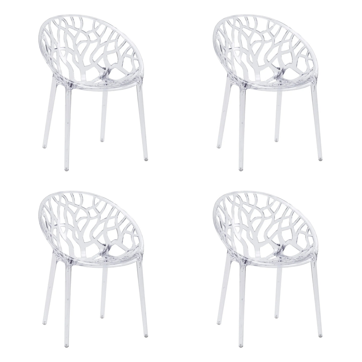 Set van vier transparante Artifo T vierpotige stoelen met organisch patroon op de rugleuning van hjh LIVING