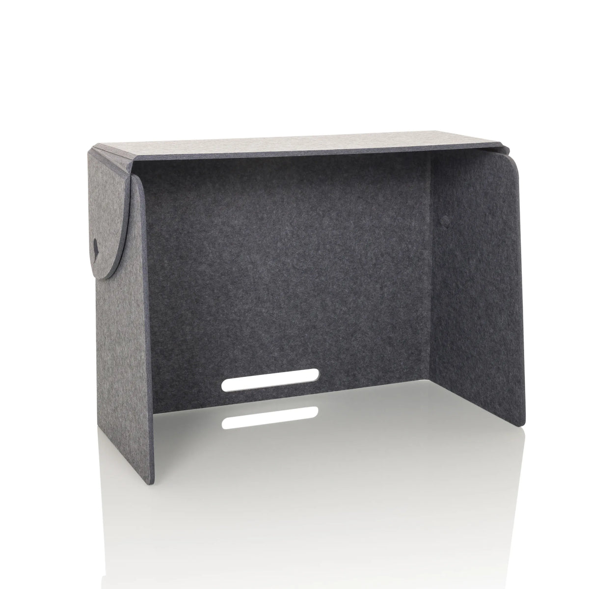 Grijze tafelverdeler FLEXMIUT FOLD met twee horizontale kabeluitlaten van hjh OFFICE – 360-gradenweergave (vooraanzicht 15°)