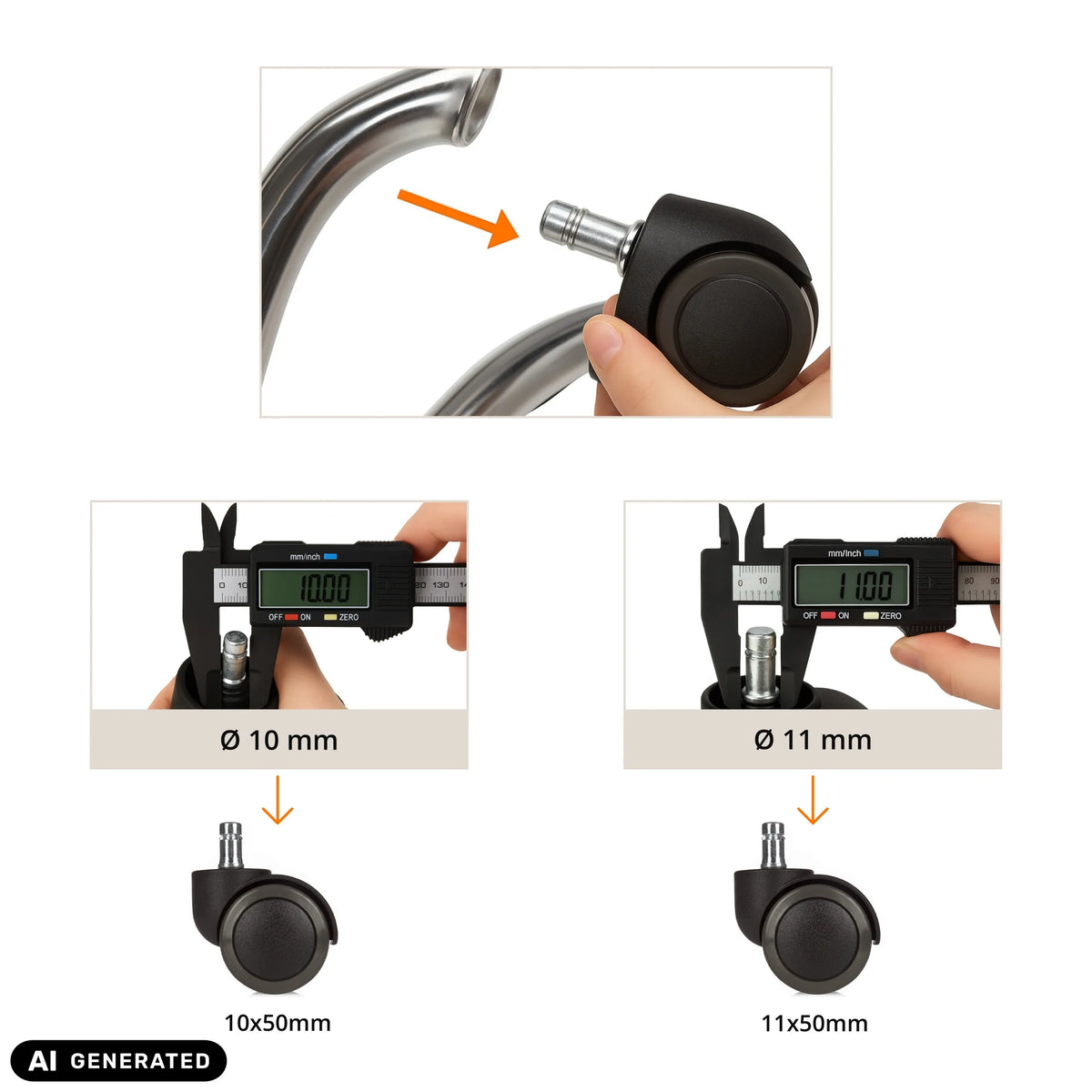 Groottevergelijking van 5x ROLO No-Noise 11mm/50mm bureaustoelwielen in 10 mm en 11 mm van hjh OFFICE (AI-gegenereerde afbeelding)
