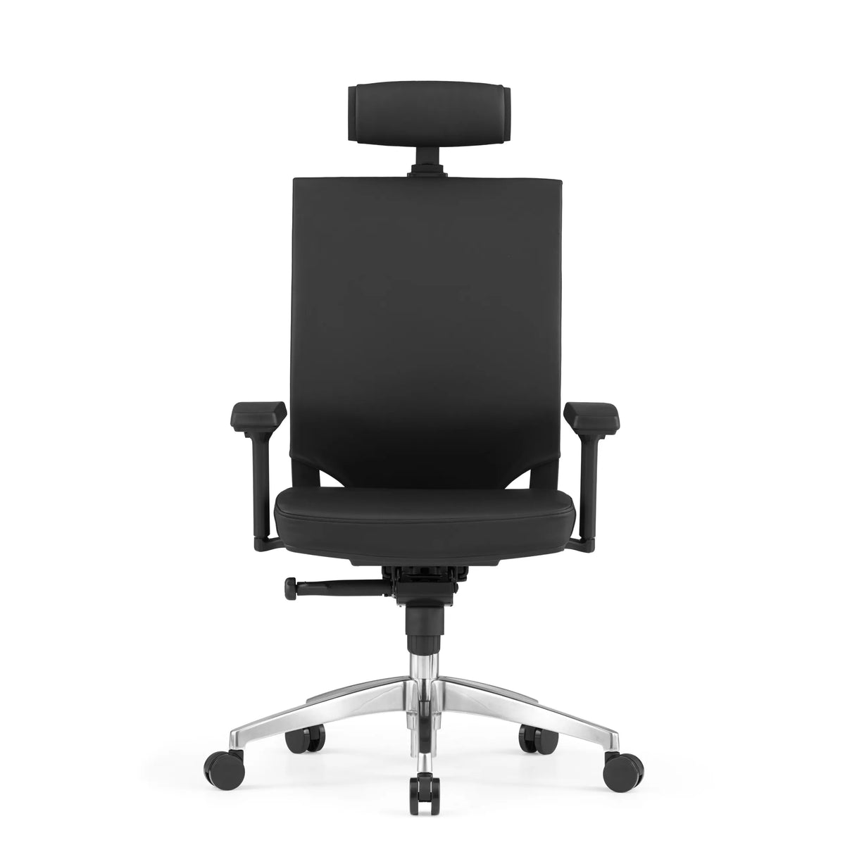 Zwarte Professionele bureaustoel PORTO MAX HIGH van leer met hoofdsteun en vijfpoot met wieltjes van hjh OFFICE – 360-gradenweergave (vooraanzicht 0°)