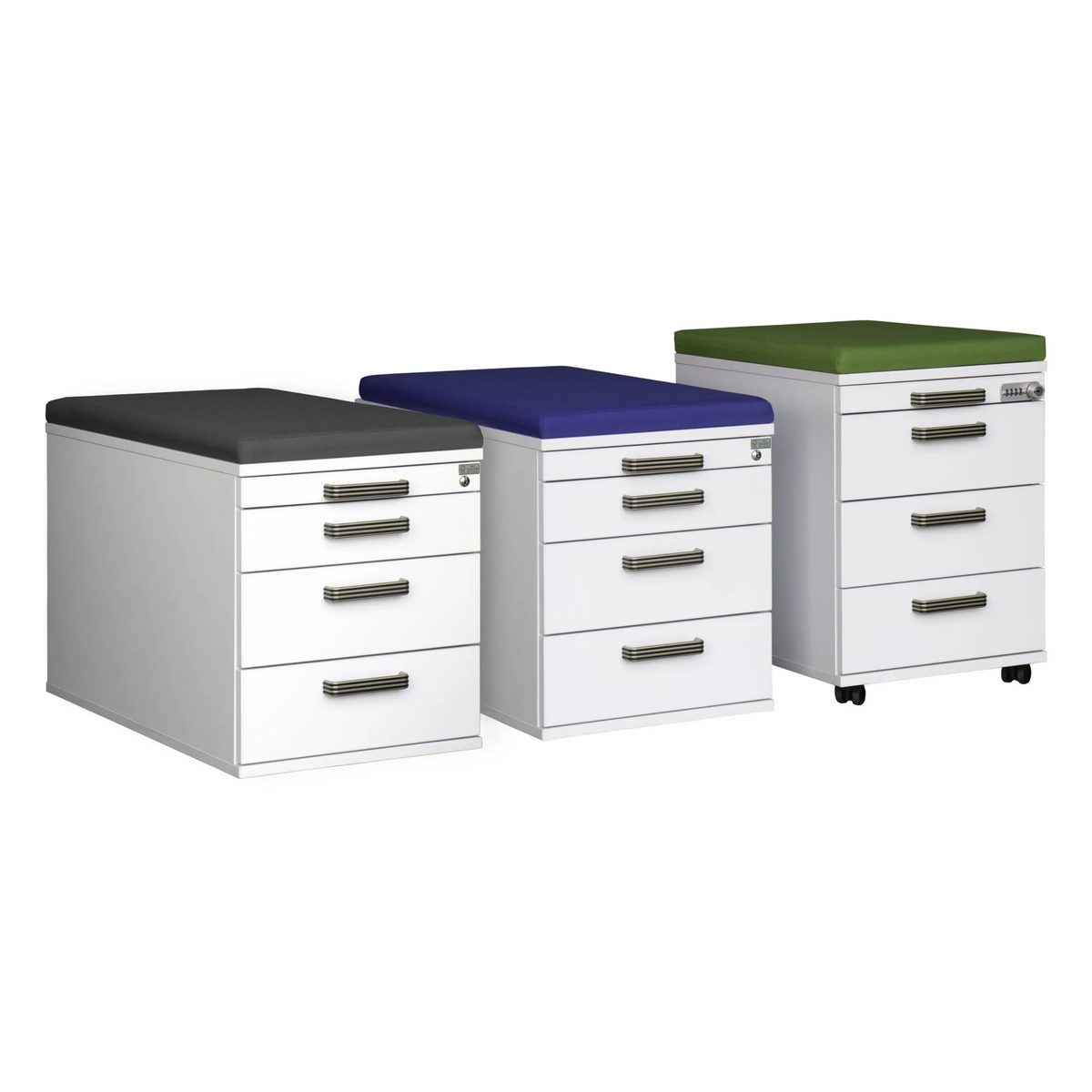 Drie containers als ACSK Accessoires in wit met verschillende gekleurde zitkussens van hjh OFFICE PRO