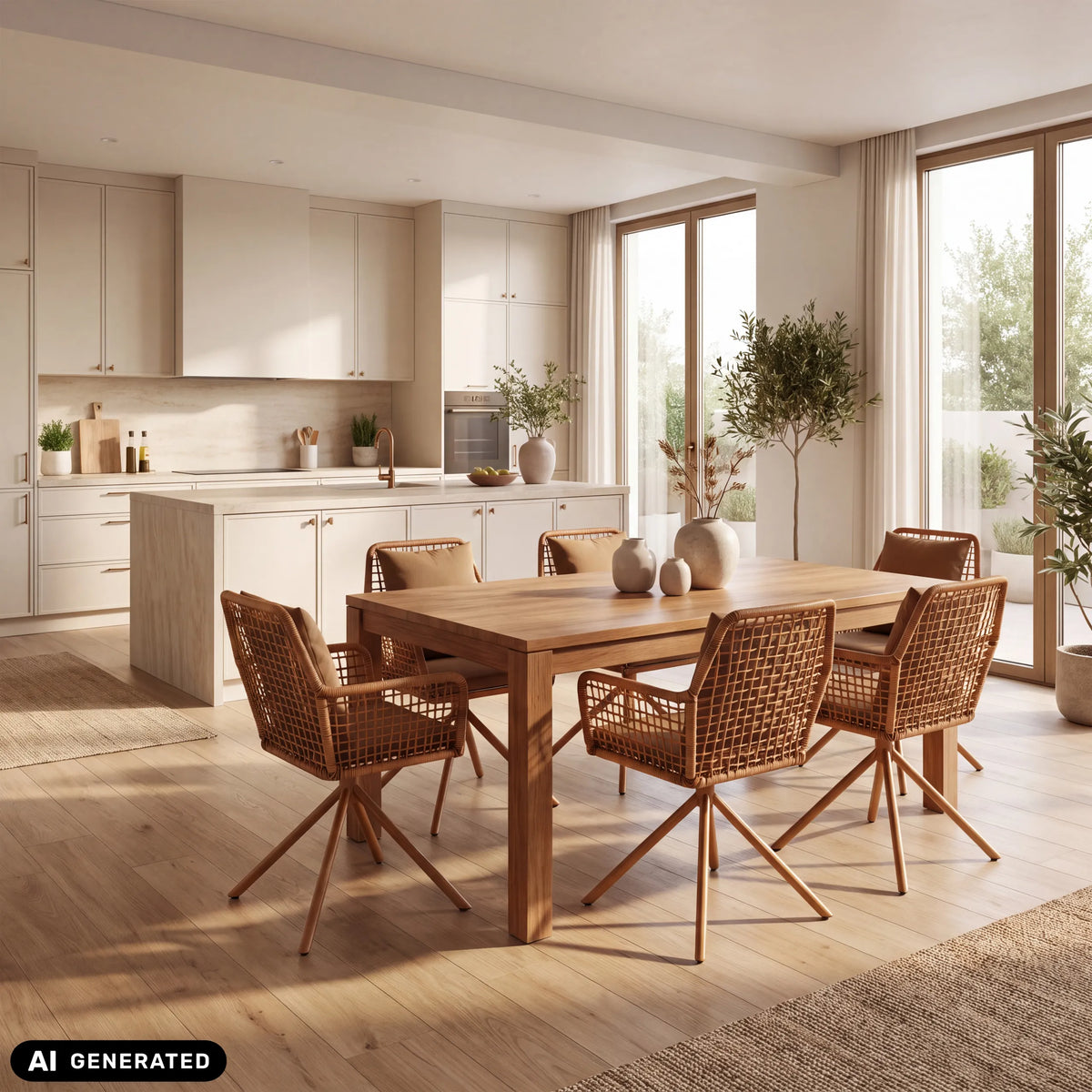 Bruine gestoffeerde stoelen Tavaro Korvik aan een houten tafel in een lichte eethoek van hjh LIVING (AI-gegenereerde afbeelding)