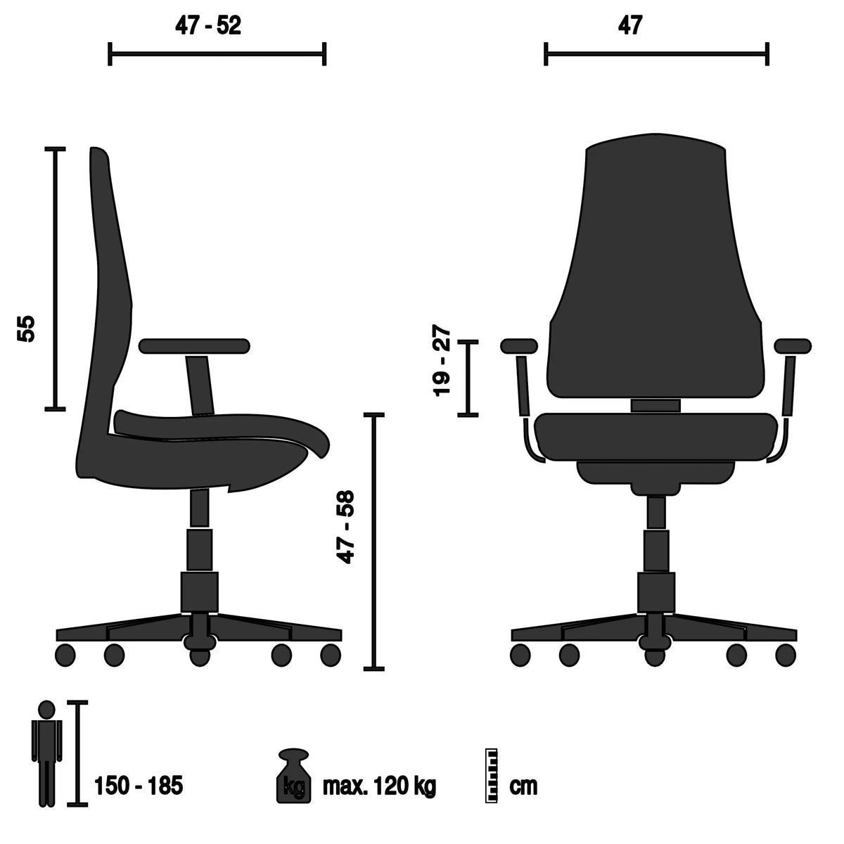 Technische tekening van de Professionele bureaustoel ASTRA BASE met een maximale belastbaarheid van 120 kg van hjh OFFICE