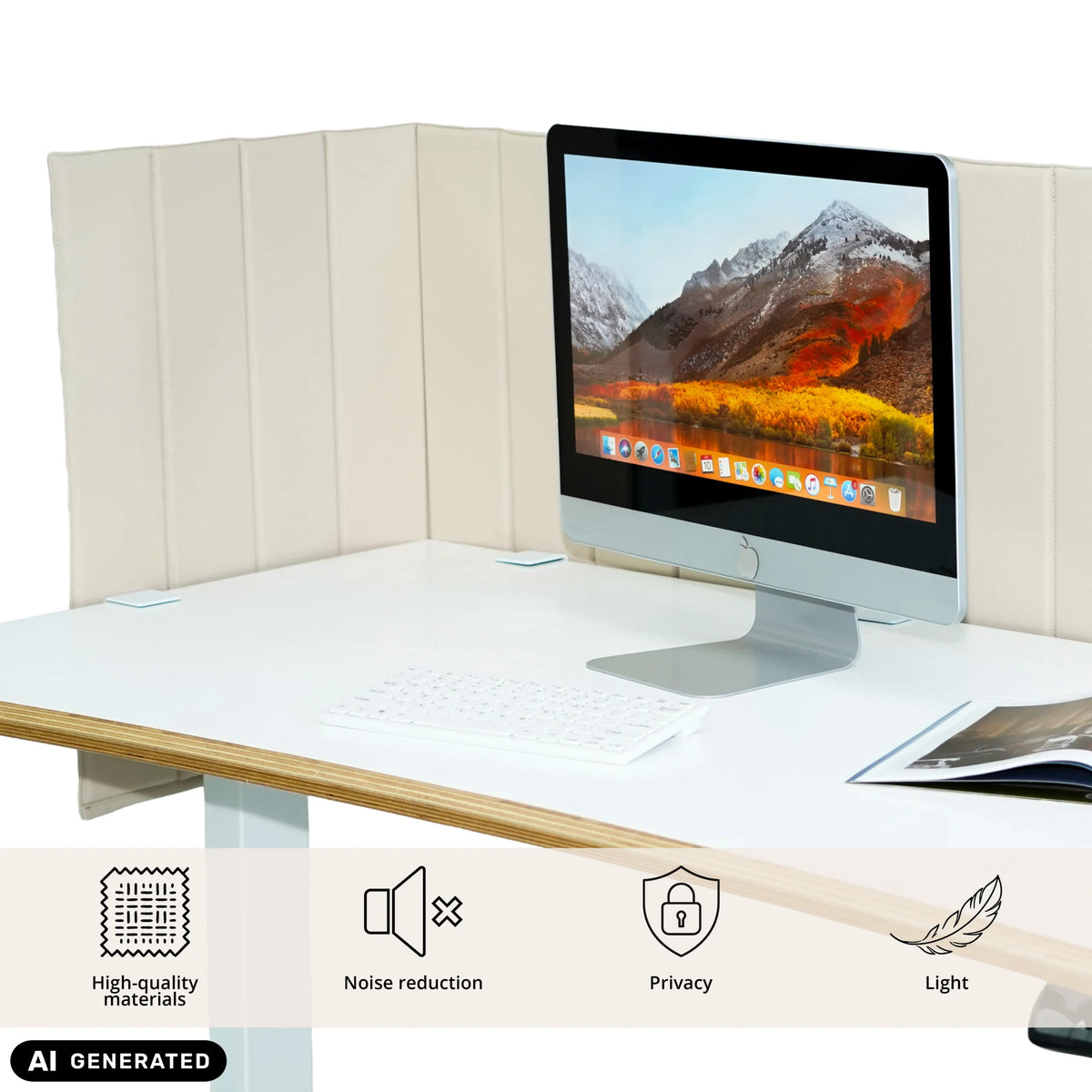 Beige tafelverdeler FLEXMIUT ROLL aan een wit bureau met monitor en toetsenbord van hjh OFFICE