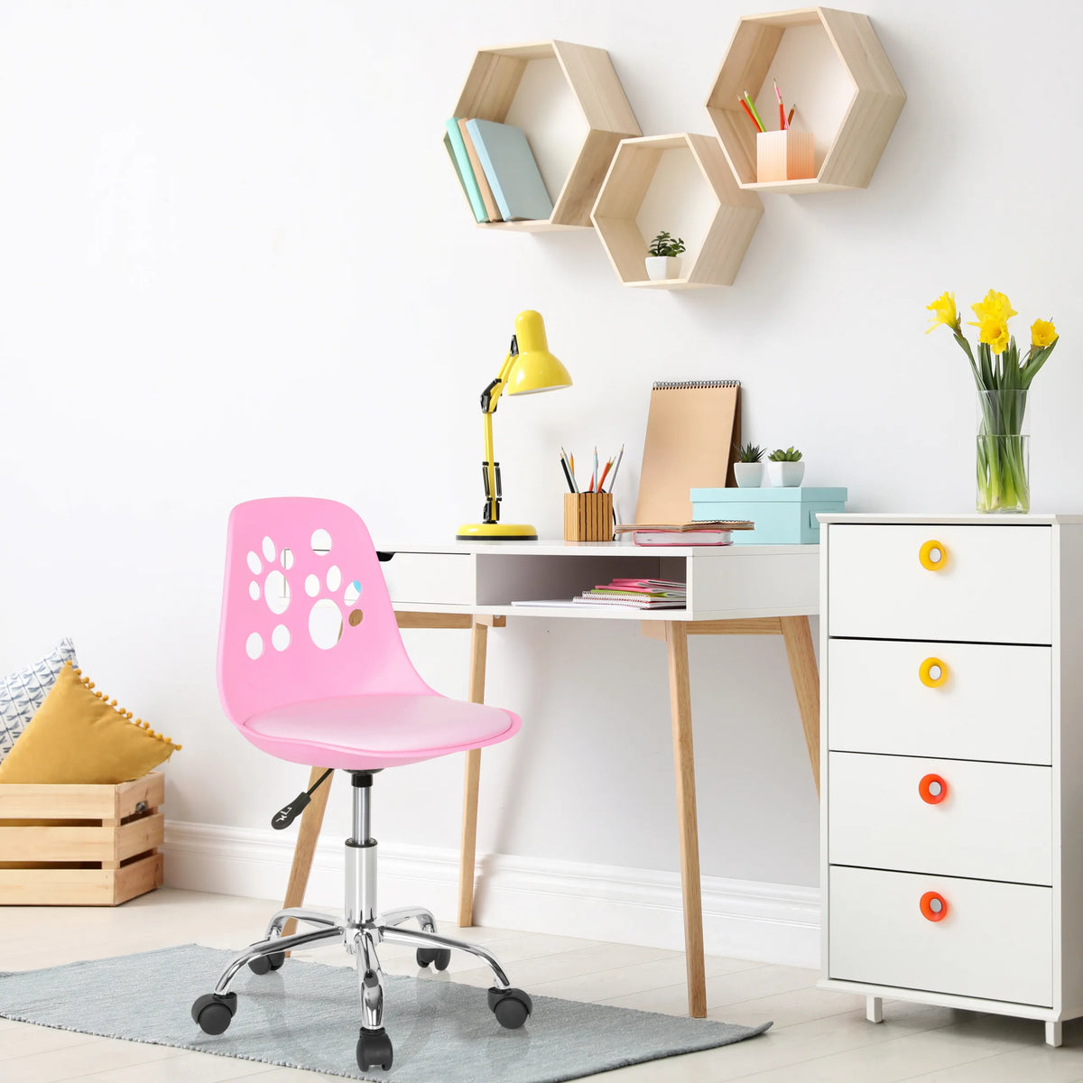 Kinder bureaustoel FANCY I in het roze met open rugleuning en zwenkwielen van hjh OFFICE