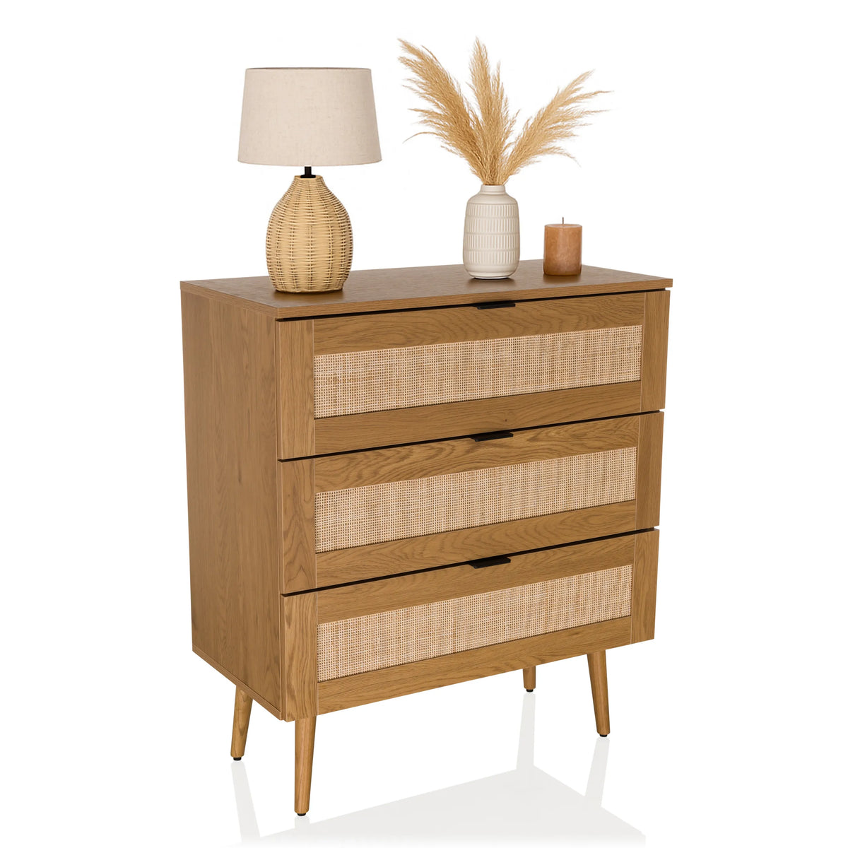 Commode BOHEO K van eiken met drie gevlochten fronten en conische poten van hjh LIVING