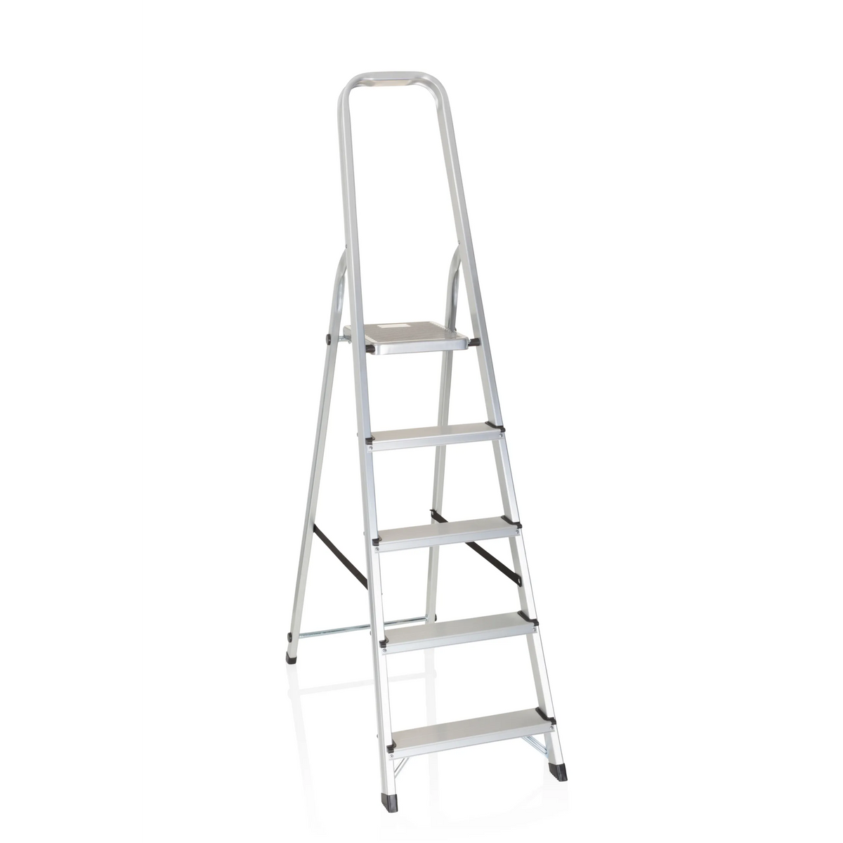 Zilveren aluminium klaptrap SOLID III met vijf treden en handgreep van hjh OFFICE – 360-gradenweergave (vooraanzicht 20°)
