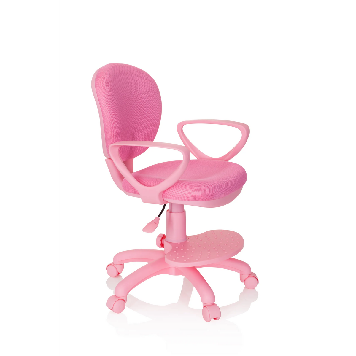 Roze Kinder bureaustoel KID COLOUR met armleuningen en vijfsterrenvoet met rolletjes van hjh OFFICE – 360-gradenweergave (schuin vooraanzicht 60°)