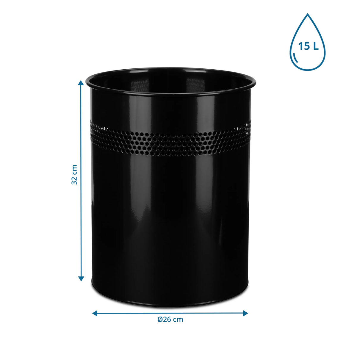 Maataanzicht van de Prullenbak CLEAN III met 32 cm hoogte, 26 cm diameter en 15 L inhoud van hjh OFFICE